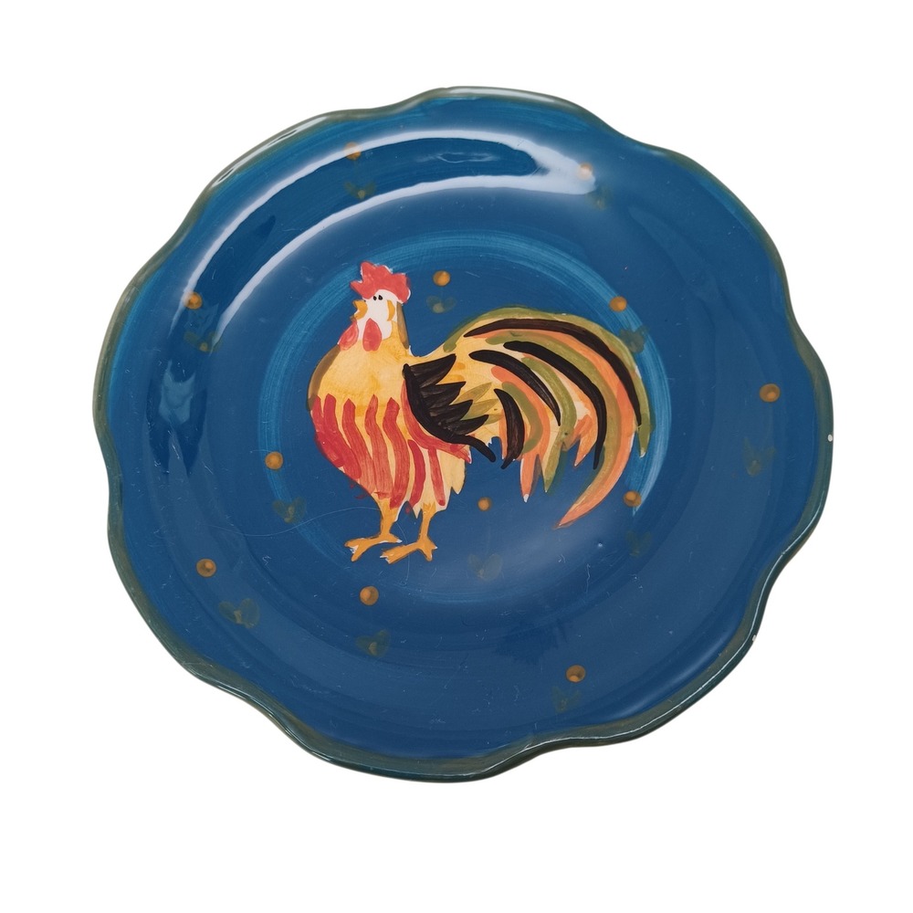Dennis East Ceramic Rooster Appetizer Plate‎ Blue Scalloped Edge Farmhouse Dish